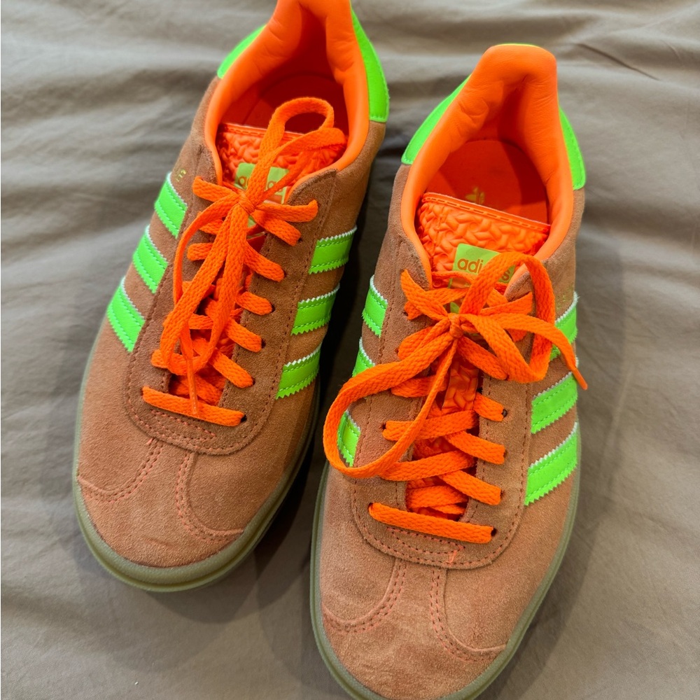 Platform orange and lime green adidas samba sneakers